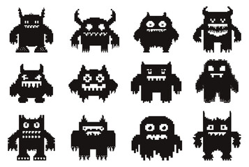 Obraz premium Arcade game pixel black monsters set. Space alien zombies characters with horns and tentacles. Gaming symbols. Black and white simple pixel art style cosmic invadors. Isolated vector on white