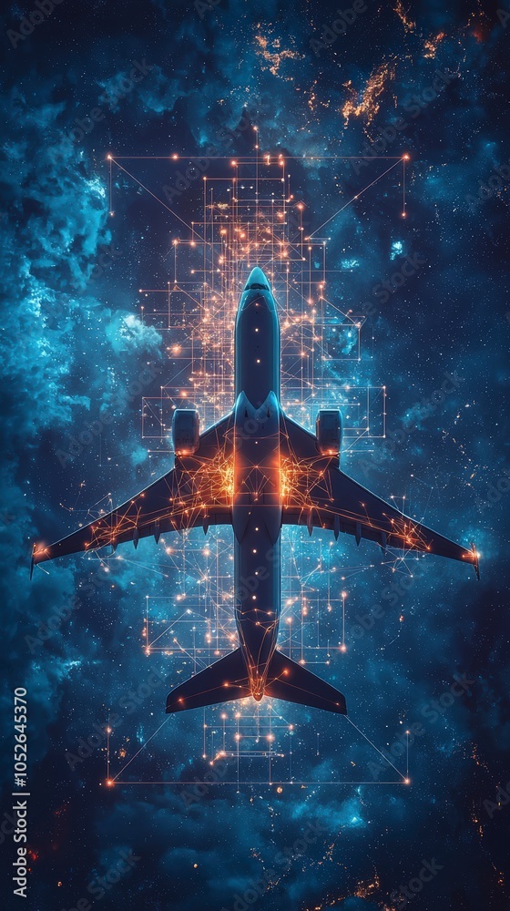 Canvas Prints a plane is captured flying through a blend of celestial and digital networks, combining the heavens 