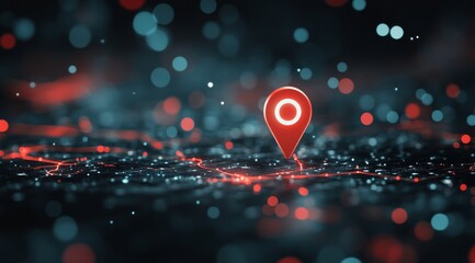 A red map pin marking a specific location on a colorful world map during golden hour