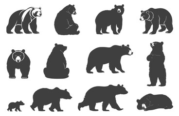 Naklejka premium Bear silhouette set. Sitting walking sleeping with little bear. Strong wild woodland animal. Wildlife brown grizzly bear design element. Nature predator mammal. Flat black style isolated vector