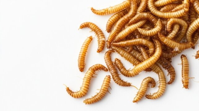 Dried mealworms on a white background from a top view showcasing a nutritious food option for pets and birds
