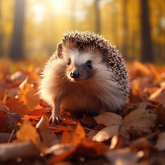 Cute hedgehog on fallen orange leaves, blurred background, close up, space for text