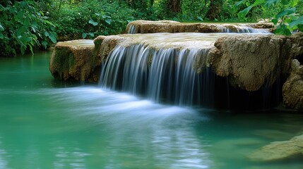 Naklejka premium Tranquil Waterfall cascading over moss-covered rocks in a lush green forest.