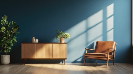 Contemporary mid century living room design featuring a leather armchair wooden cabinet on a blue wall and wooden flooring rendered in 3D