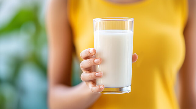 Woman in Yellow Shirt Holding a Glass of Milk, Promoting Healthy Dairy Products and Lactose Tolerance.