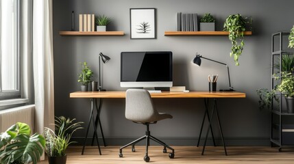 A modern home office with a spacious desk, a comfortable lounge chair in the corner, and minimalist shelving to keep the area tidy and organized