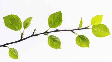 Fototapeta premium Close up of green leaves on a twig against a white backdrop