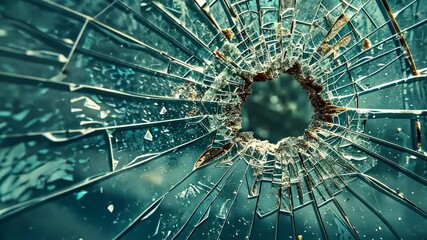 A shattered glass window pane shows the damage of a forceful impact