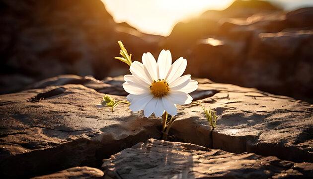 soft focus captures white flower growing cracked stone hope life rebirth resilience symbolic beauty emerges