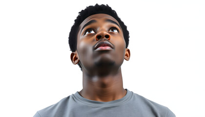 Obraz premium Young black man gazing upward in surprise on white background isolated with white highlights, png