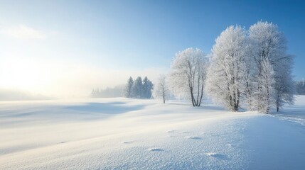 Fototapeta premium Stunning snow blanketed field featuring a dense layer of snow creating a serene and isolated winter scene