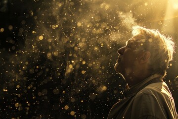 Dust flies in air backlit by light, allergy to dust, tired athlete portrait, man surrounded by dust