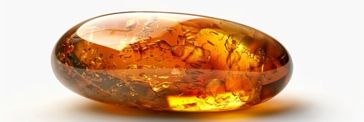 Amber Crystal Isolated, Golden Amber Pebble on White