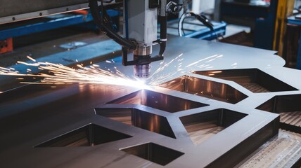 Fototapeta premium Industrial laser cutter making holes in metal sheet in factory