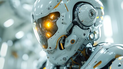 Fototapeta premium The Future of Intelligence: A close-up of a futuristic android's helmet with glowing orange eyes, conveying a sense of artificial intelligence and advanced technology.