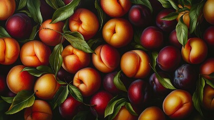   Painting of peaches with green leaves above and below