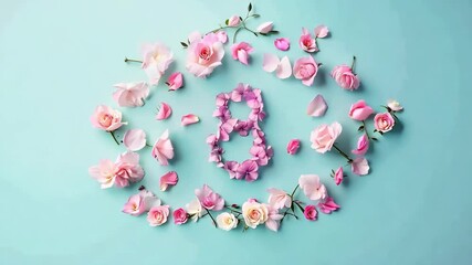 8 march banner. Woman's day. A blue background with pink flowers and a number 8 in the middle. The flowers are scattered around the number 8, creating a beautiful and delicate design. Concept of elega