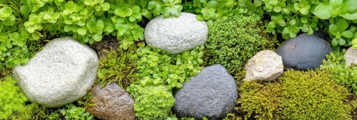 緑の庭の静けさ：造園と自然デザインのための石と苔のモザイク