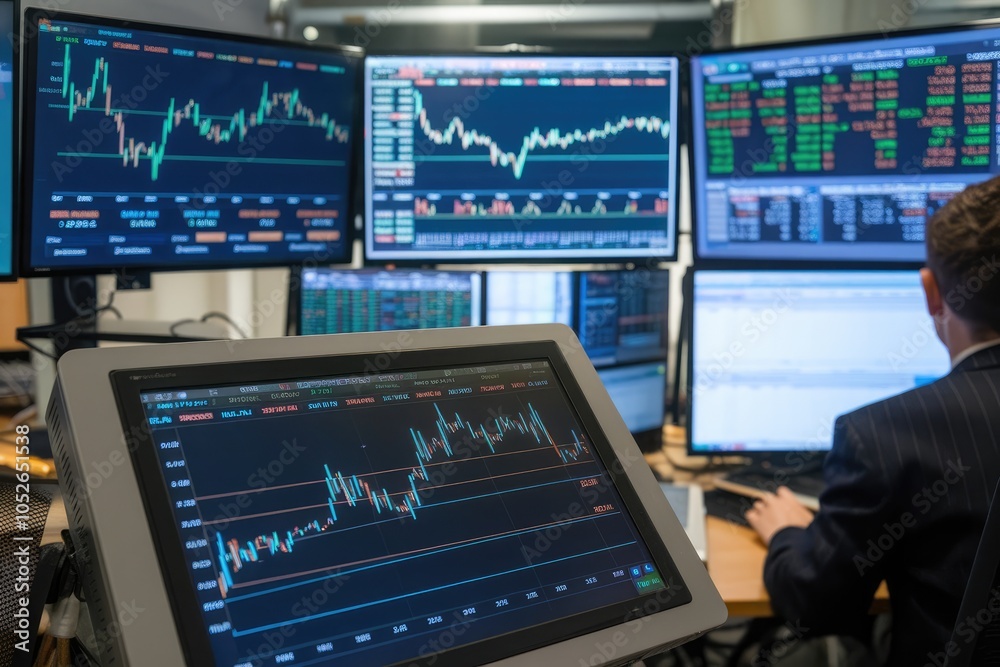 Poster Stockbroker working with graphs displayed on monitors in office