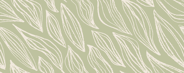 Aesthetic botanical seamless pattern with crayon drawn leaves. Pencil drawn naive wavy outline plants on pale green background. Vector banana leaves line art with crayon texture thin lines.