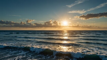 Blue sky, sun, and ocean waves in the distance
