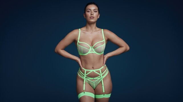 Confident model posing in bright green lingerie set against dark blue backdrop