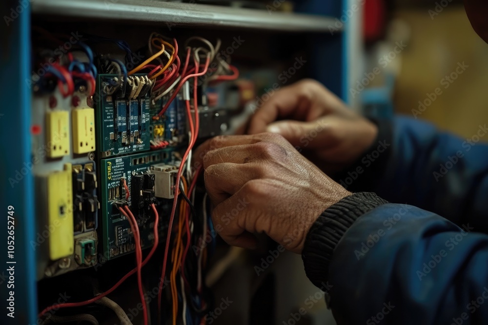 Aufkleber electrician connecting wires to control panel in factory