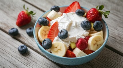 Close-Up of Fruit Salad with Strawberries, Bananas, and Blueberries