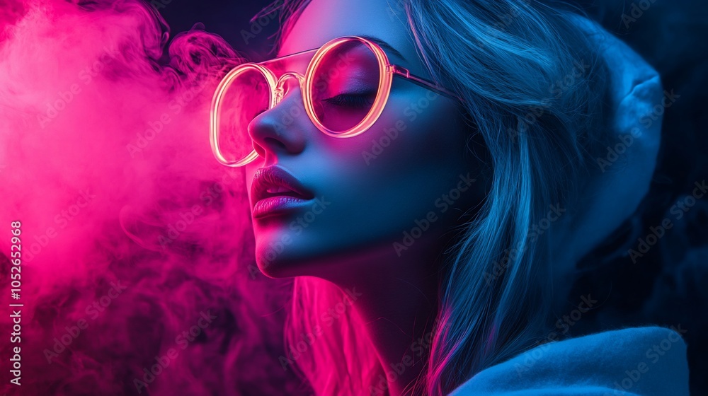 Canvas Prints A young woman with blonde hair and round glasses poses in front of pink and blue smoke.