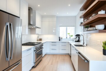 A modern kitchen featuring white glossy plain ceramic tiles as a backsplash, paired with sleek white cabinets and stainless steel appliances for a clean, minimalist look