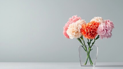Obraz premium Three pink and orange carnations in a clear glass vase on a white table against a light gray backdrop
