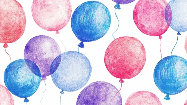 Charming hand-drawn balloons in vibrant pink, blue, purple, and red, floating on a white background. Perfect for adding a touch of whimsy and cheer to your party or artwork.