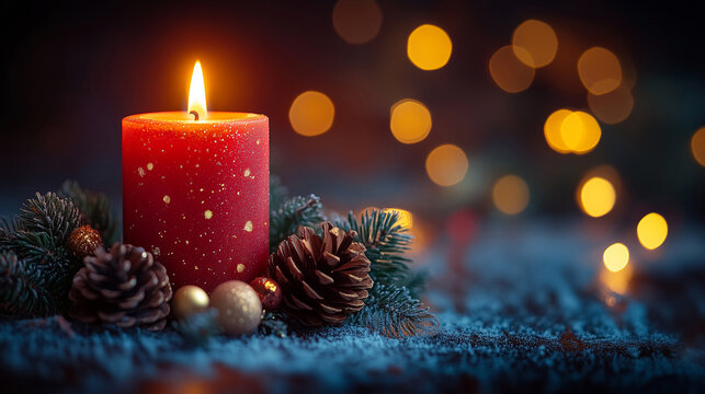 Celebrating the First Advent Sunday with a red candle surrounded by pinecones and bokeh lights in a cozy setting