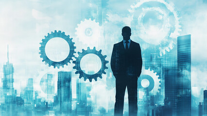 abstract illustration elegant businessman standing against the backdrop of a cityscape, with gears and technology symbols in double exposure behind him.