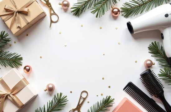 template for New Year and Christmas greetings from a hairdresser or information about hairdressing. brushes for hair coloring, hair dryer, scissors, gifts on a  white background with space for text.