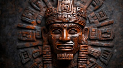 A detailed wooden carving of a Mayan mask with intricate details.