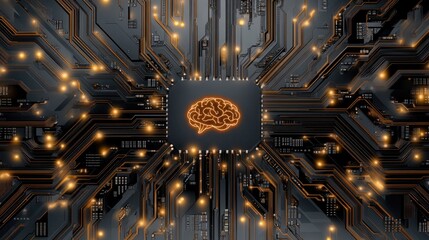 A vibrant brain icon shines on a detailed circuit board backdrop, symbolizing powerful digital technology and AI advancements