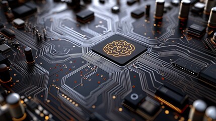 A vibrant brain icon shines on a detailed circuit board backdrop, symbolizing powerful digital technology and AI advancements