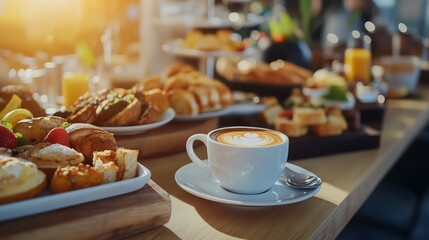 A delightful breakfast spread featuring pastries, fruits, and a latte in a cozy café during the morning hours