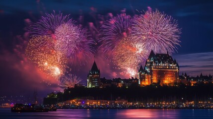 Naklejka premium Brilliant fireworks illuminate the night sky over Quebec, Canada. The vibrant display features an array of colors, creating a stunning canvas of light and wonder.