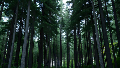 Thick forest with tall green trees isolated with white highlights, png