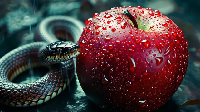 A black snake with red markings is coiled near a red apple covered in water droplets