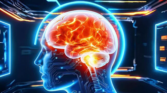 A glowing human head with a circuit board pattern, with an orange brain in the center.