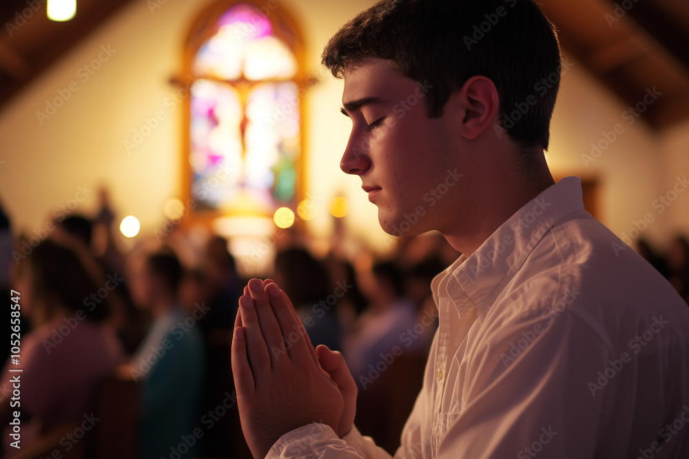 Wall mural man praying in church: a moment of faith and reflection