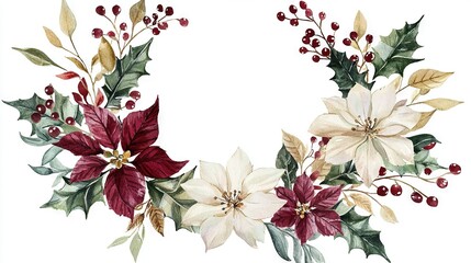  Watercolor depiction of a Christmas wreath featuring poinsettias, holly, and berries against a white backdrop