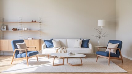 Modern living room interior with white sofa, two blue armchairs, a white coffee table and a wooden cabinet with shelves.