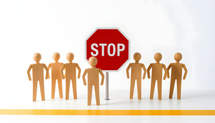 Road Stop sign blocking way for wooden human figures on white table isolated with white highlights, png