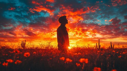 Fototapeta premium A silhouetted figure stands against a vivid sunset in a vibrant desert landscape filled with flowers