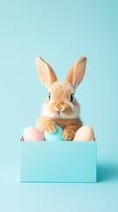 Cute Bunny with Pastel Easter Eggs in a Box