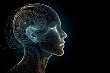 Obraz premium Abstract line of a person's face on a black background. Space for text.